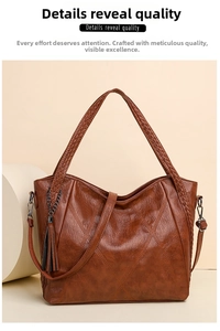 Detailed close-up of brown quilted faux leather tote bag with tassel and woven handle