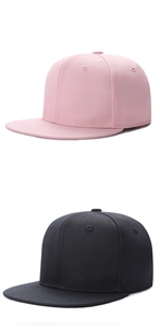 Detailed close-up of pink and black hip-hop flat brim caps in premium cotton fabric