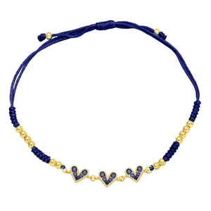 Blue braided heart bracelet with colorful cubic zirconia and adjustable slide knot