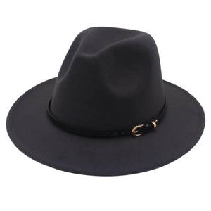 Detailed view of dark charcoal wool fedora featuring a slim black band and gold buckle