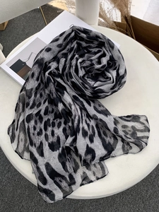Detail of leopard print voile scarf showing lightweight texture and black-grey patterns
