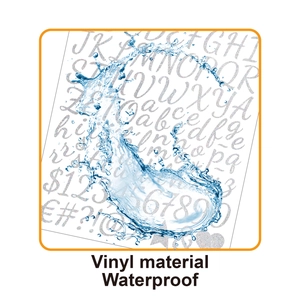 Close-up of waterproof silver glitter vinyl letter stickers with a water splash effect