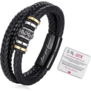 Men's multilayer braided leather bracelet with stainless steel rings and gift card