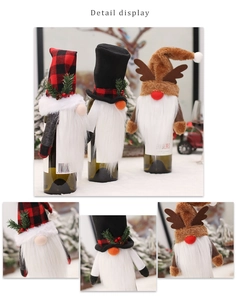Detail view of plaid gnome and reindeer antler wine bottle covers for Christmas decor