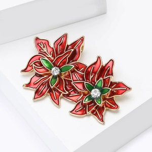 Elegant Christmas flower brooch with red enamel petals, green leaves and white crystal