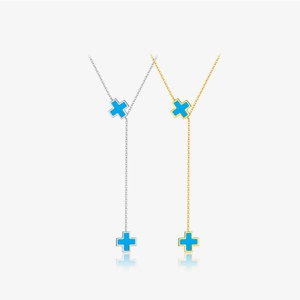 925 Sterling Silver Cross Pendant Necklace For Women Y-Shaped Lariat Necklace Minimalist Geometric Blue Cross Jewelry Gift
