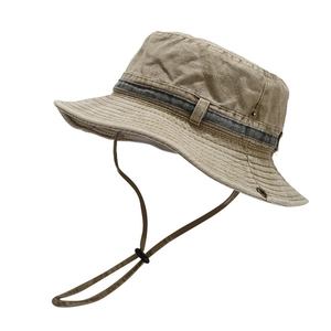 Khaki cotton bucket hat with adjustable chin strap and vents for outdoor hiking and fishing