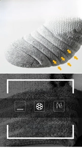 Detail of thickened knit running socks featuring non-slip grip and reinforced ankle support