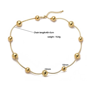 18K gold-plated beaded necklace with 10mm and 12mm round beads, 40+5cm adjustable length