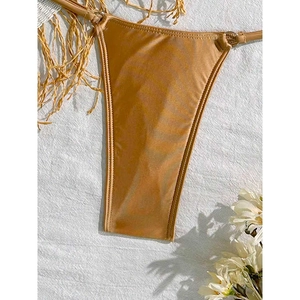 Champagne gold metallic bikini bottoms with adjustable side strings for beachwear