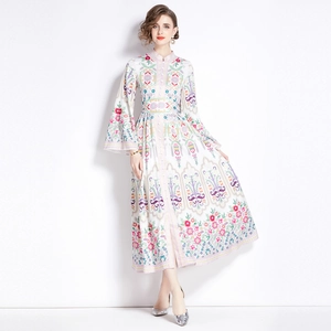 Ethnic style stand collar maxi dress with boho floral print and flared sleeves