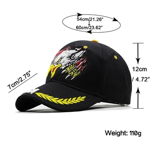 Black baseball cap with eagle embroidery and size specifications shown on white background