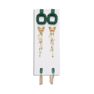 Six-piece set of green butterfly tassel earrings with acrylic rhinestones and geometric charms