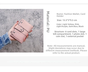 Pink PU leather tri-fold wallet details showing 13.5x3x9.5cm dimensions and inner slots