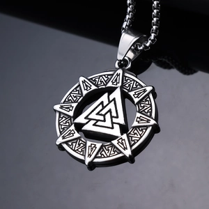 Silver stainless steel Viking Valknut pendant necklace with Norse rune engraving