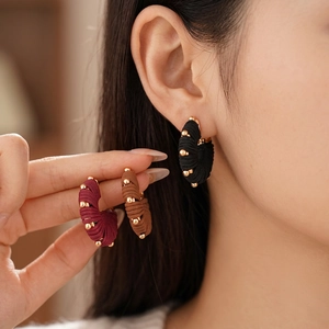 Faux leather braided U-shape hoop earrings with gold beads in bohemian retro style