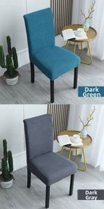 Detail of dark green and dark grey stretch waffle knit chair covers in a dining room