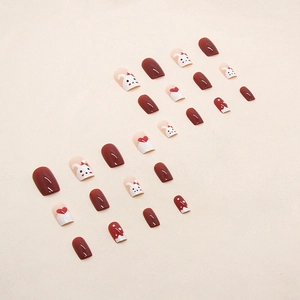 Red rabbit New Year press-on nails set with heart patterns and cute hand-painted designs