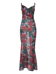Robe à bretelles avec col bénitier, imprimé rose rouge et ourlet volanté asymétrique