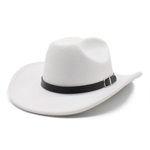 Classic white wool felt fedora with black leather band and silver buckle on white background