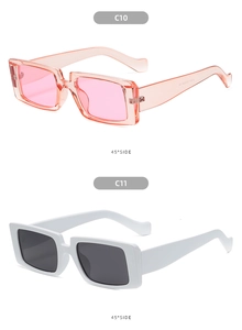 Detail of vintage thick rectangle sunglasses in jelly pink and solid white frames