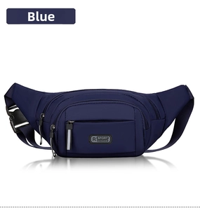 Blue waterproof sports fanny pack featuring multiple zippered pockets and durable strap