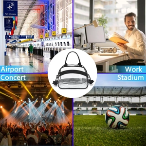 Clear PVC bag shown in airport, office, concert, and stadium settings for security compliance