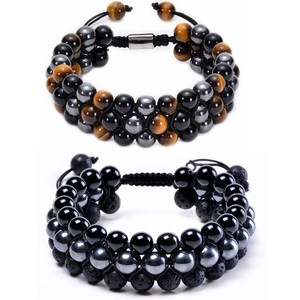 Detail of woven multi-layer stone bracelets with tiger eye and hematite beads