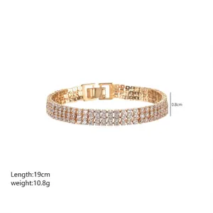 Elegant gold-tone three-row crystal tennis bracelet for women, 19cm length and 0.8cm width