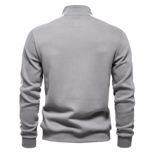 Detail of grey men's sports jacket featuring white stripes on sleeves and stand collar