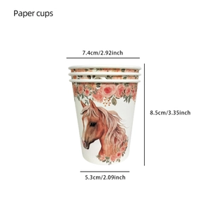 Detailed dimensions of cowboy horse and floral theme party paper cups in a stack