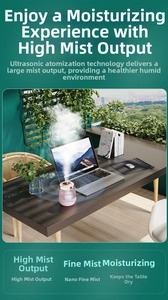 Pink portable USB humidifier with LED display showing real-time humidity on wooden desk