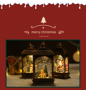 Close-up of vintage bronze Christmas lanterns with glowing LED light and deer scene