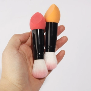 Dual-ended makeup tool with droplet sponge and gradient synthetic bristle brush