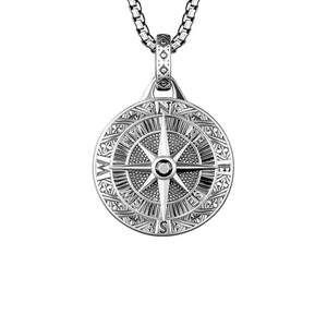 Silver alloy compass pendant necklace with detailed nautical engraving for men