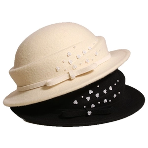 Elegant French wool cloche hats with 3D flowers and pearls in cream and black