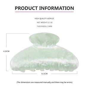 Dimensions détaillées de la pince à cheveux en acrylique marbré vert clair et taille