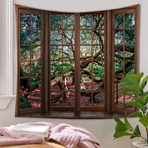 Detail of 3D forest wall tapestry with ancient tree and faux window frame design