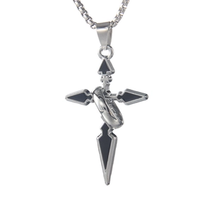 Silver stainless steel cross pendant necklace with a black oil-dripped ring on box chain