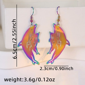 Detailed view of iridescent dolphin drop earrings with dimensions and weight specs