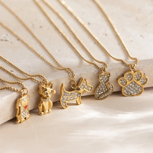 Gold 18K plated stainless steel pet charm necklaces with pavé zircon cat and dog pendants