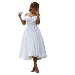 Elegant off-shoulder white satin wedding dress with cross-pleated bodice and A-line skirt