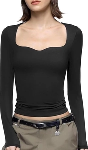Detail shot of the square neckline and waist pleat design on this slim black long sleeve top