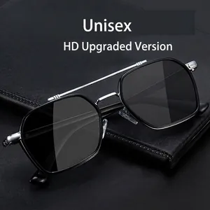 Mens silver hexagon metal sunglasses with dark gray polarized lenses for driving