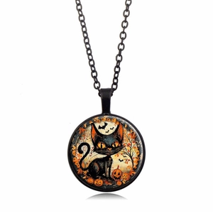 Halloween black cat and pumpkin glass gem pendant necklace with black chain