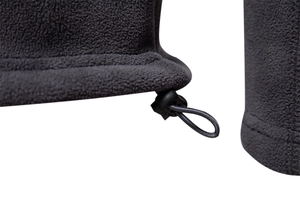 Detail of dark grey polar fleece hem with adjustable drawstring and toggle closure
