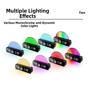 Matrix showing eight RGB lighting modes and LED digital display on sunrise alarm clock