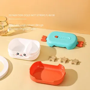Cartoon double-layer lunch box with compartments and secure orange latches for kids