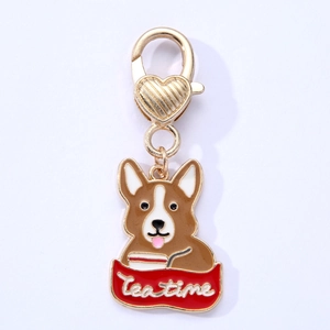 Cartoon Corgi enamel keychain with tea time design and gold lobster clasp for pets
