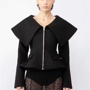 Women Oversized Lapel Jacket Slim Fit Zipper Peplum Hem Woolen Feel Structured Elegant Solid Color Short Coat